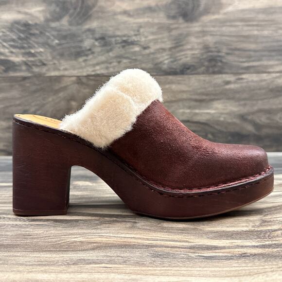 Born Hope 8M Shearling-Lined Open Back Heeled Distressed Leather Clogs Dark Red - Picture 6 of 12